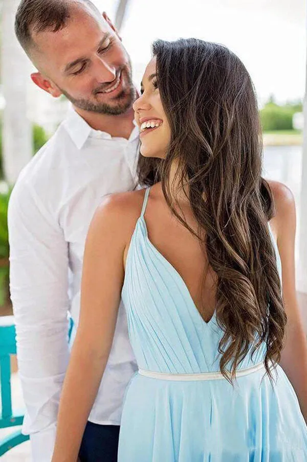 Simple Sky Blue Rustic Thigh Split Beach Wedding Dresses with Sweep Train, MW527