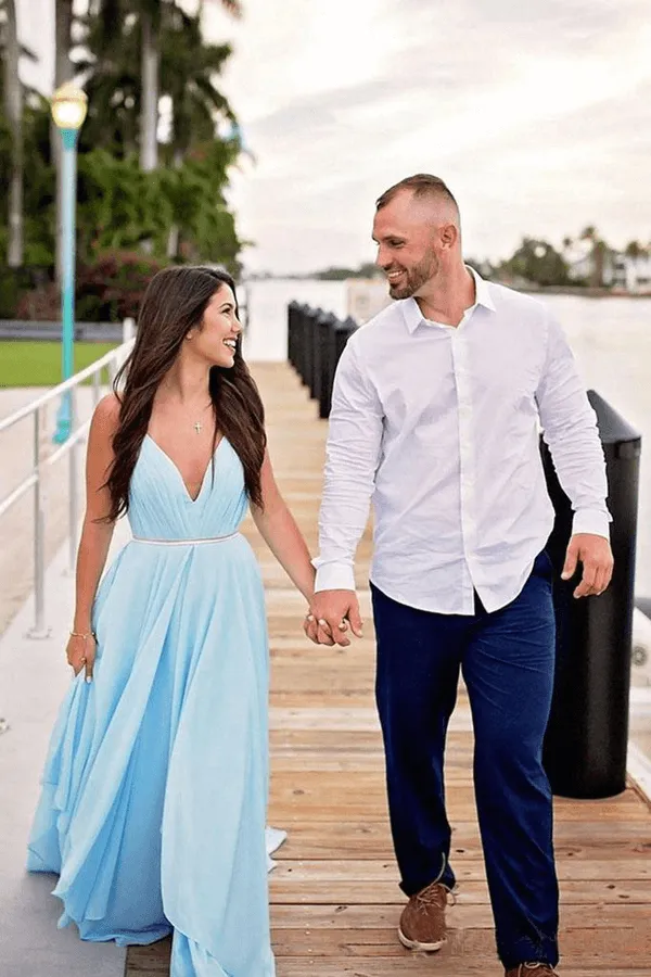 Simple Sky Blue Rustic Thigh Split Beach Wedding Dresses with Sweep Train, MW527