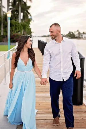 Simple Sky Blue Rustic Thigh Split Beach Wedding Dresses with Sweep Train, MW527