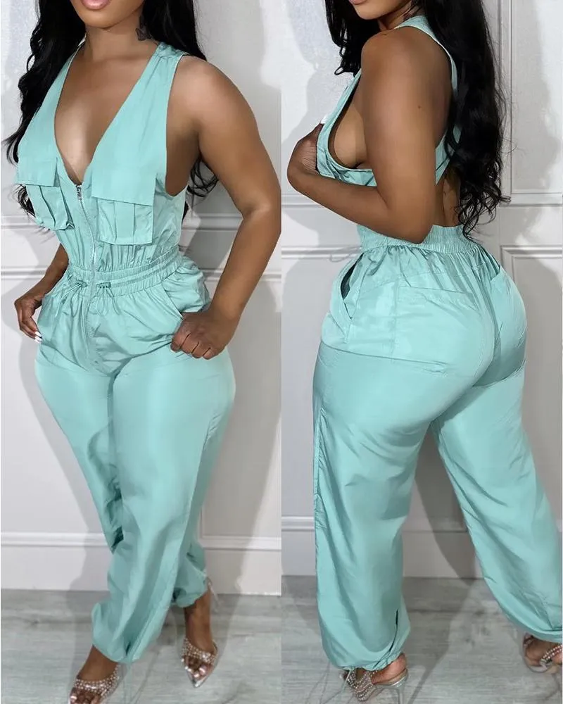 Sleeveless Backless Pocket Design Drawstring Jumpsuit