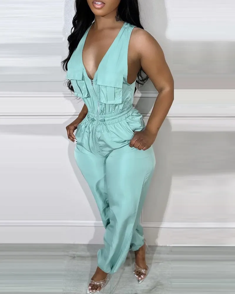 Sleeveless Backless Pocket Design Drawstring Jumpsuit
