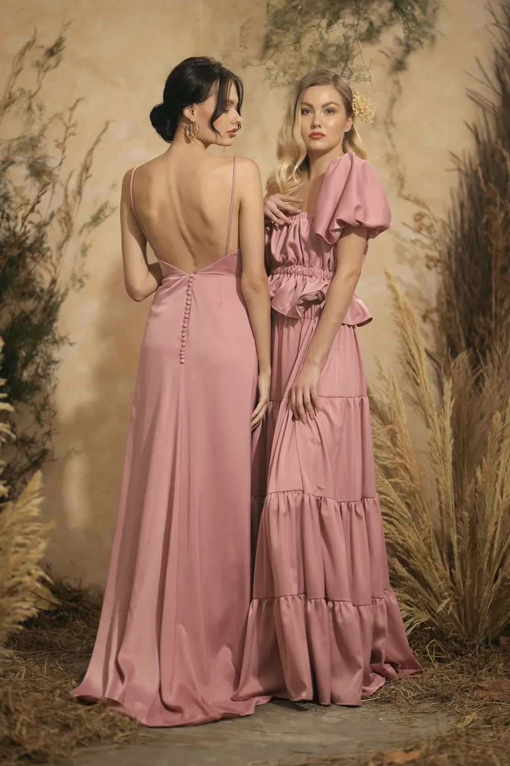 SOLEDAD Backless Maxi Dress with Back Button Detail and Trail (Old Rose Silk)