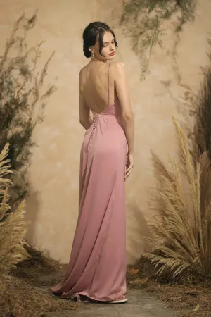 SOLEDAD Backless Maxi Dress with Back Button Detail and Trail (Old Rose Silk)
