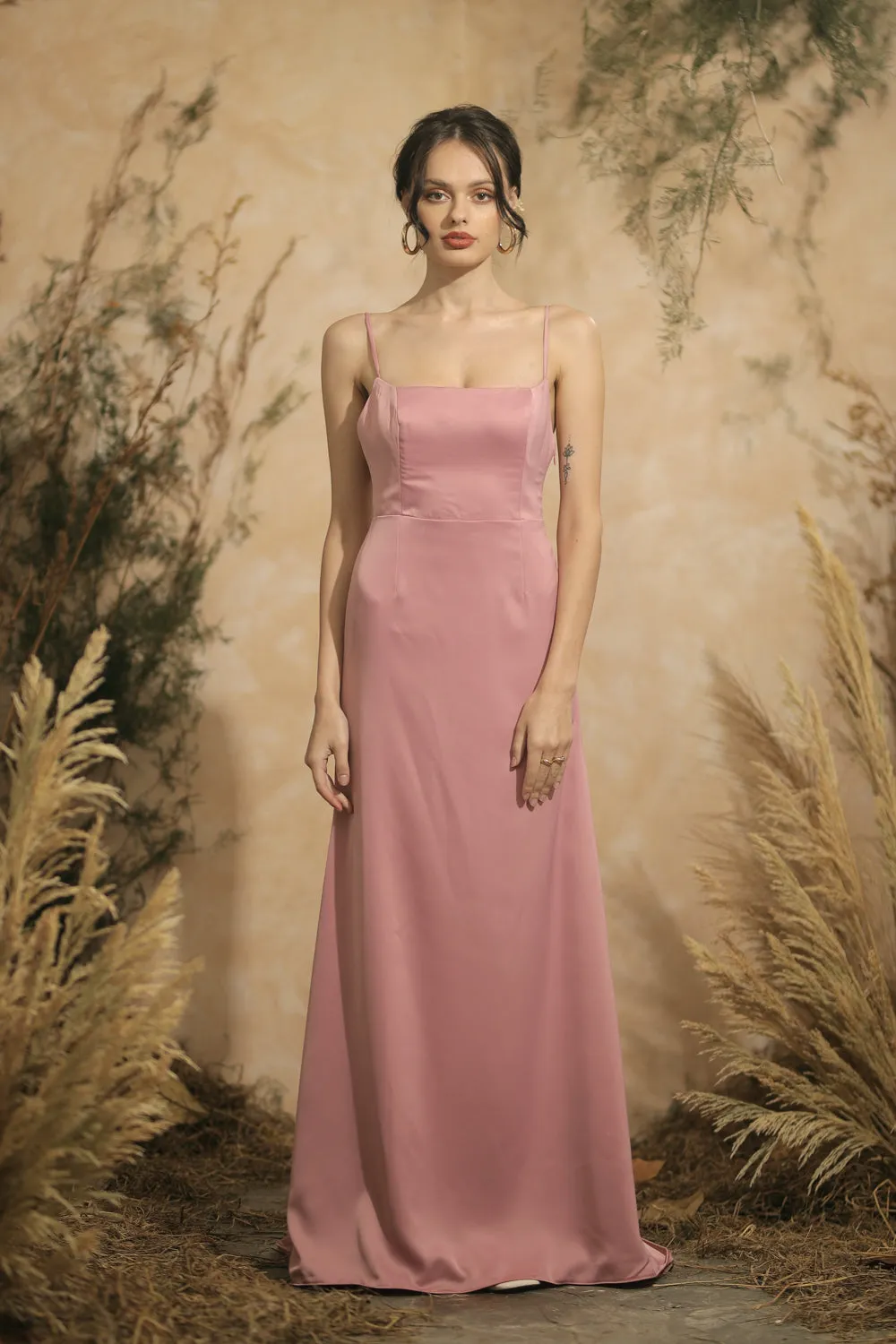 SOLEDAD Backless Maxi Dress with Back Button Detail and Trail (Old Rose Silk)