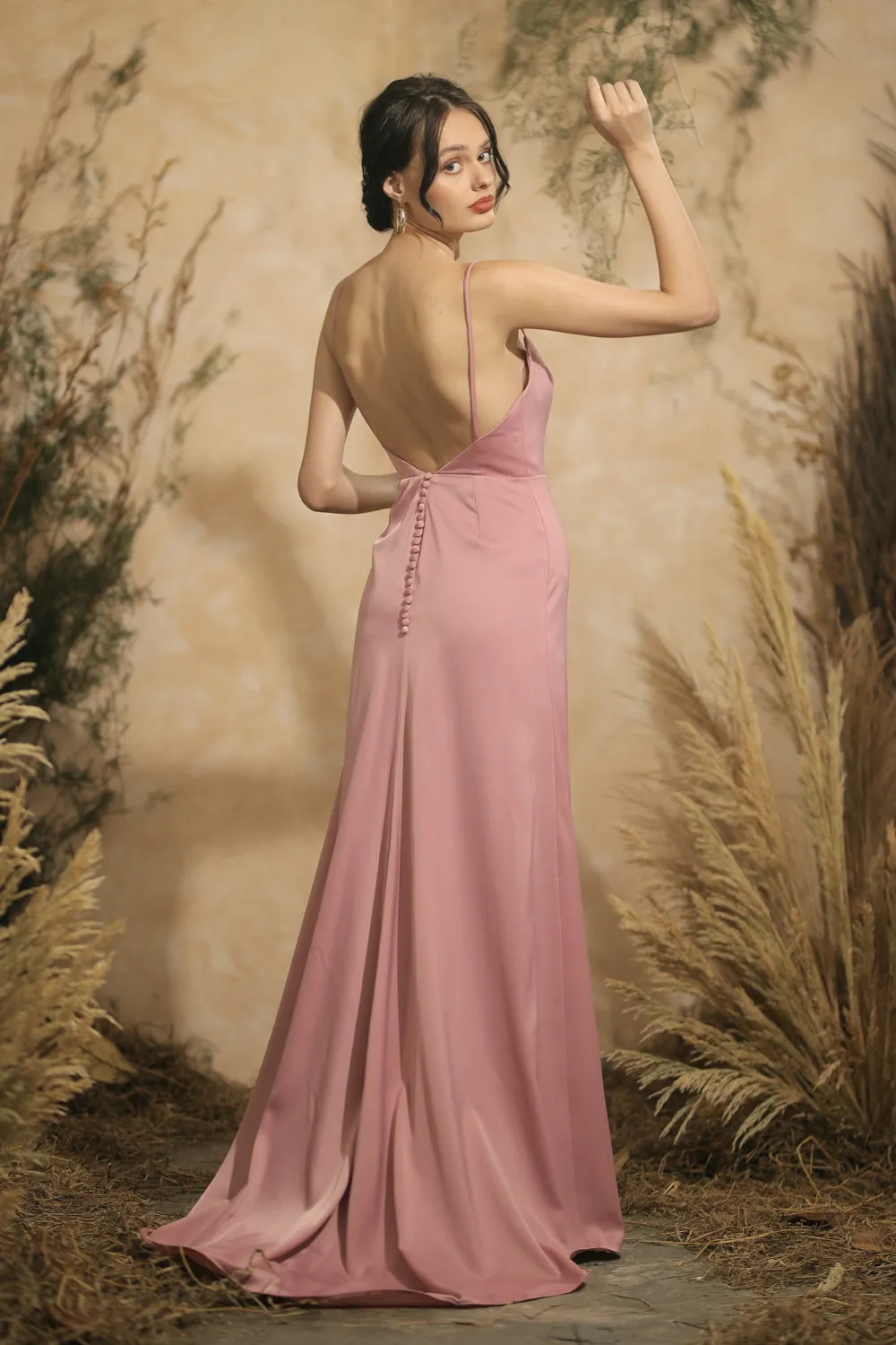 SOLEDAD Backless Maxi Dress with Back Button Detail and Trail (Old Rose Silk)
