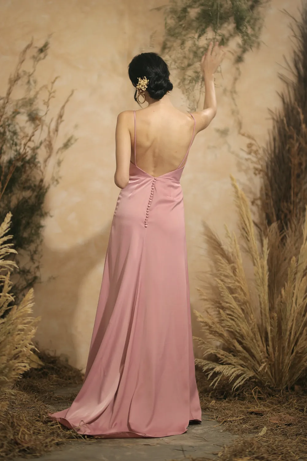 SOLEDAD Backless Maxi Dress with Back Button Detail and Trail (Old Rose Silk)