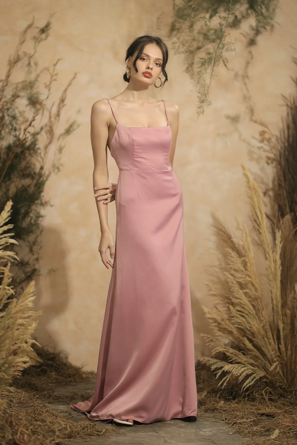 SOLEDAD Backless Maxi Dress with Back Button Detail and Trail (Old Rose Silk)