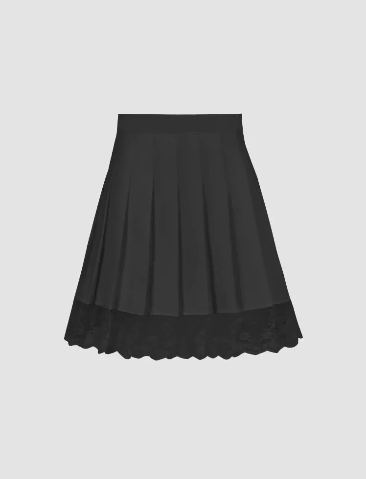 Solid Color Lace Pleated Skirt