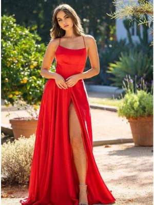 Spaghetti Straps Backless Satin Side Slit Evening Prom Dresses, BG183