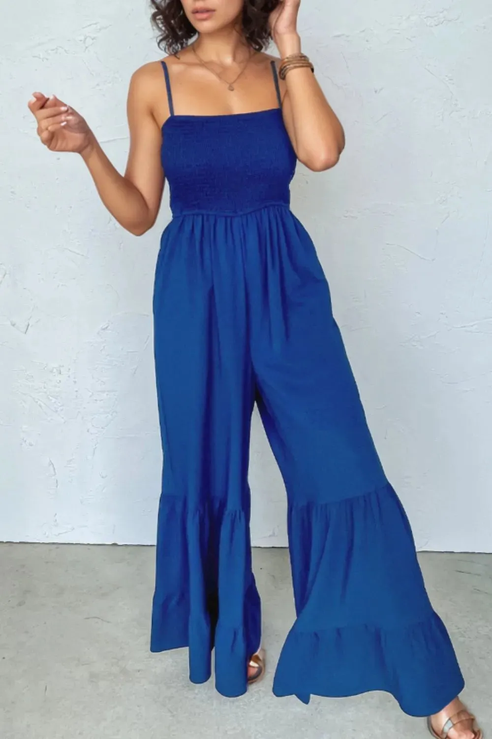 Spaghetti Straps Smocked Ruffled Wide Leg Jumpsuit