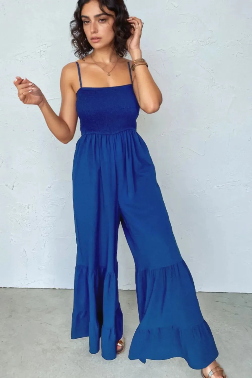 Spaghetti Straps Smocked Ruffled Wide Leg Jumpsuit