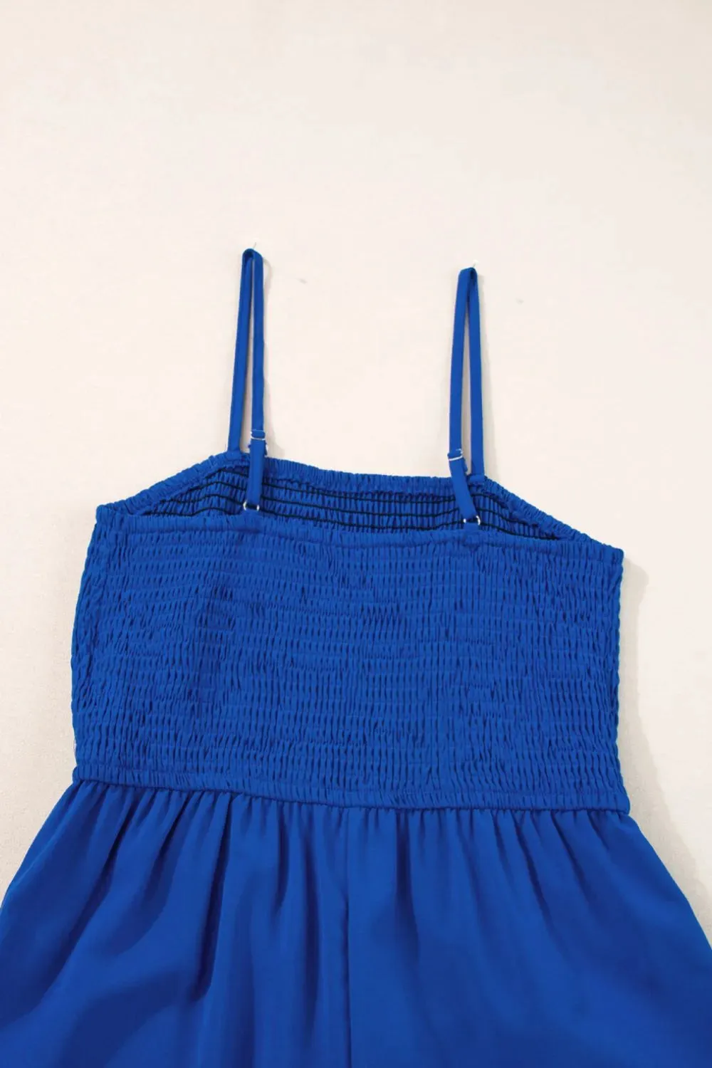 Spaghetti Straps Smocked Ruffled Wide Leg Jumpsuit