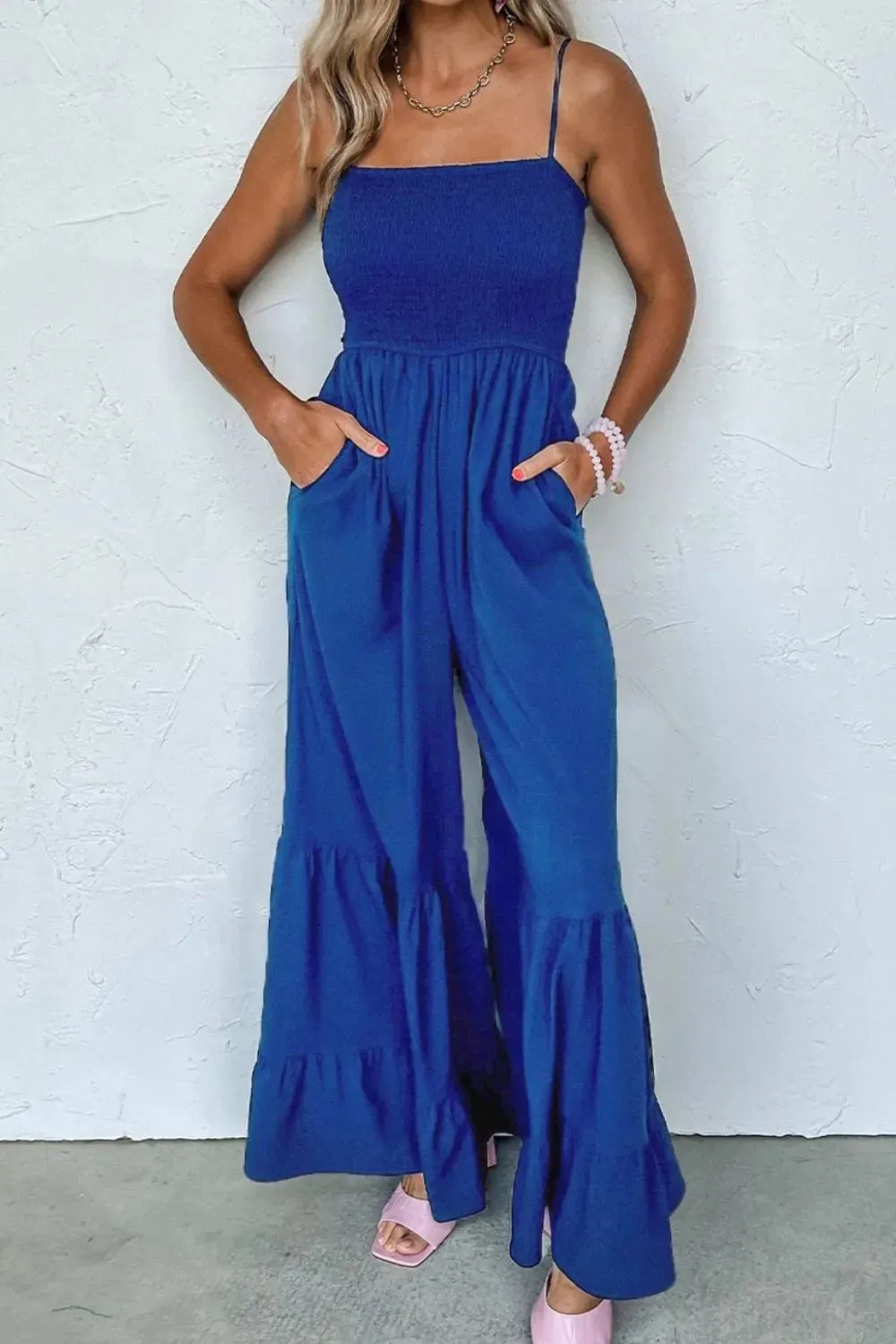 Spaghetti Straps Smocked Ruffled Wide Leg Jumpsuit