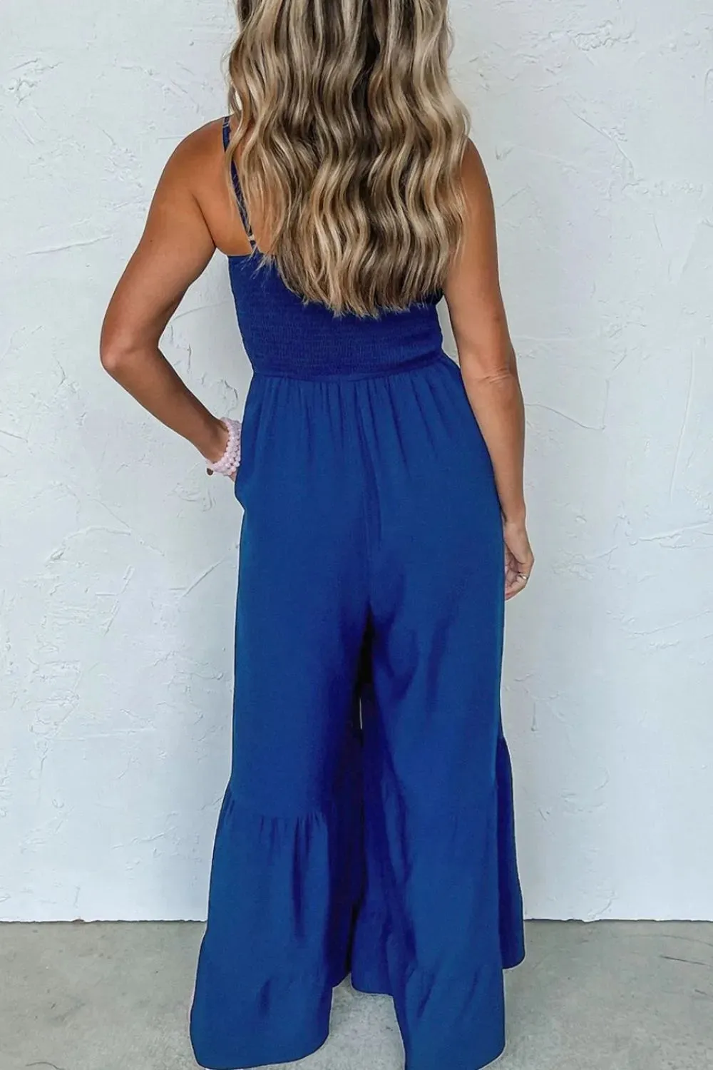 Spaghetti Straps Smocked Ruffled Wide Leg Jumpsuit