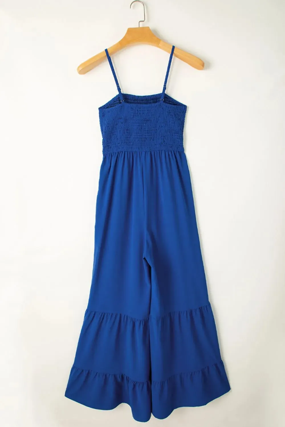 Spaghetti Straps Smocked Ruffled Wide Leg Jumpsuit