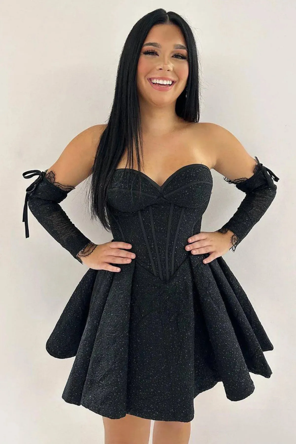 Strapless Bling Bling Black Satin Prom Dress, Short Black Homecoming Dress, Black Formal Graduation Evening Dress A1963