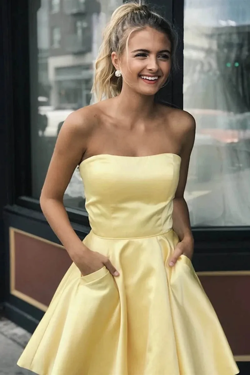 Strapless Short Yellow Prom Dress with Pockets, Short Yellow Formal Graduation Homecoming Dress