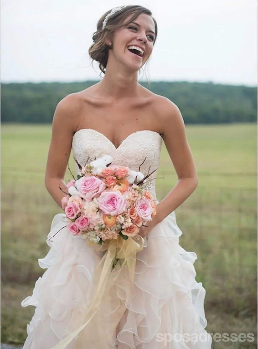 Strapless Sweetheart Champagne Lace A line Cheap Wedding Dresses Online, WD430