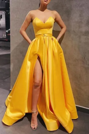 Strapless Sweetheart Neck Yellow Satin Long Prom Dress, Long Yellow Formal Graduation Evening Dress with Slit