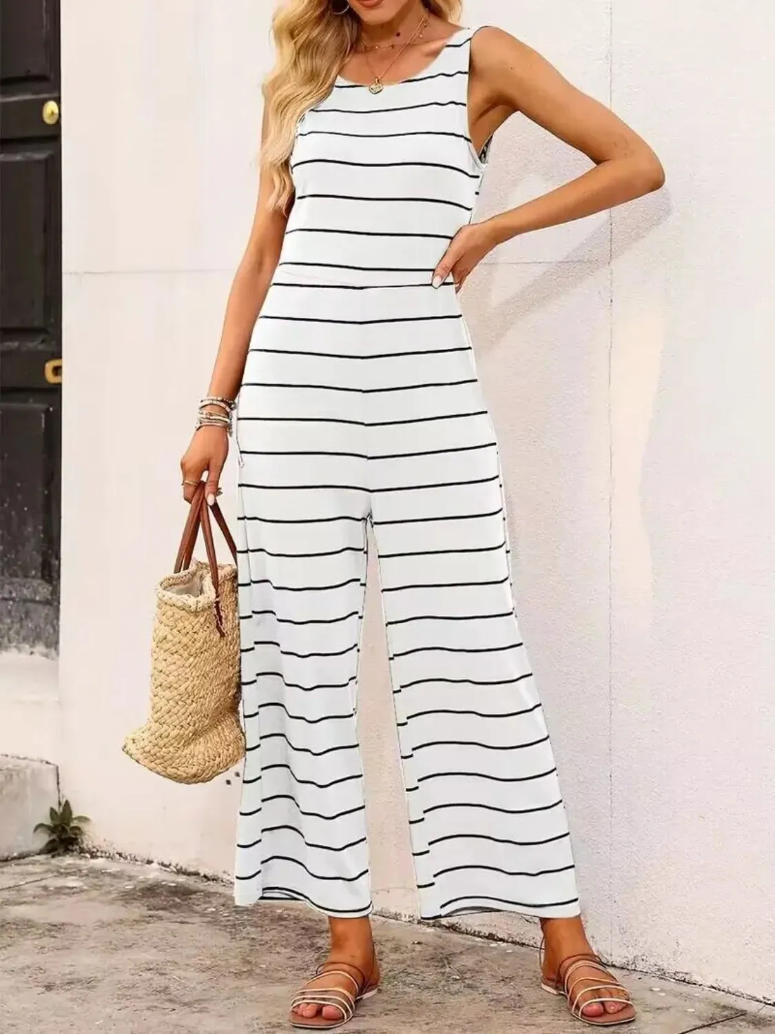 Striped Round Neck Wide Leg Jumpsuit