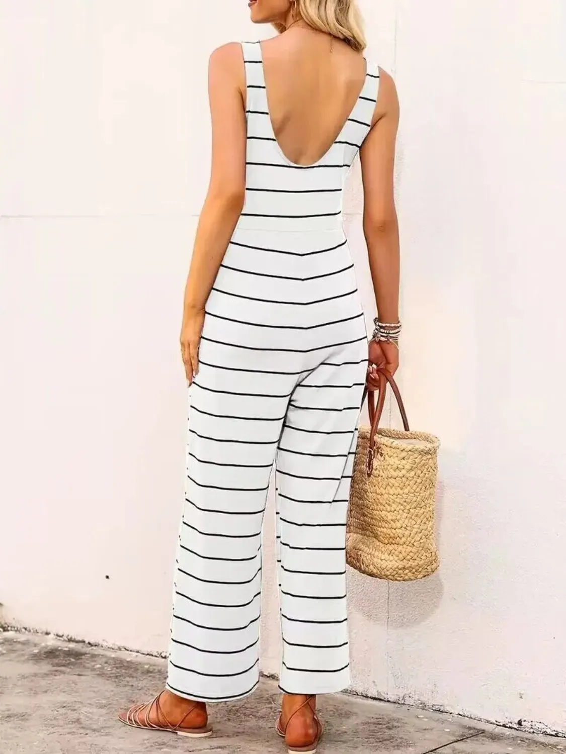 Striped Round Neck Wide Leg Jumpsuit