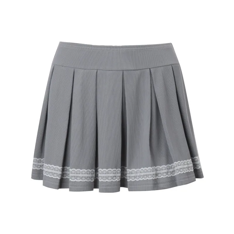 Sweet Lace Short-sleeved Top   Pleated Skirt Knitted suit