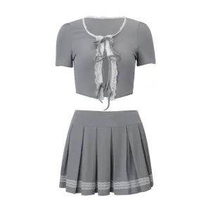 Sweet Lace Short-sleeved Top   Pleated Skirt Knitted suit