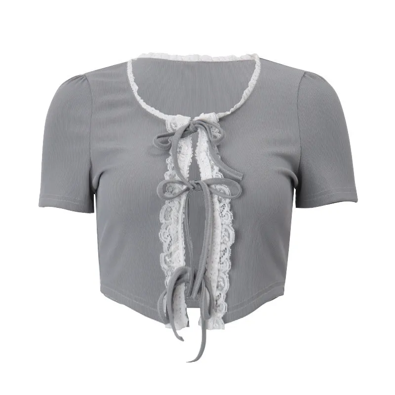 Sweet Lace Short-sleeved Top   Pleated Skirt Knitted suit
