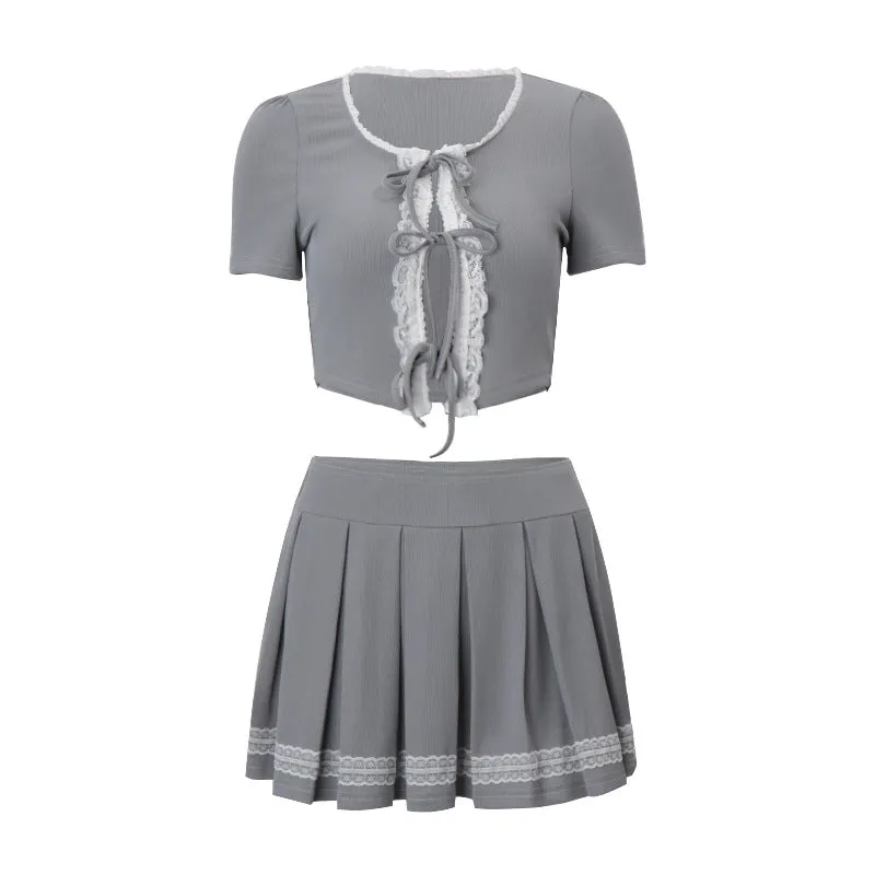 Sweet Lace Short-sleeved Top   Pleated Skirt Knitted suit