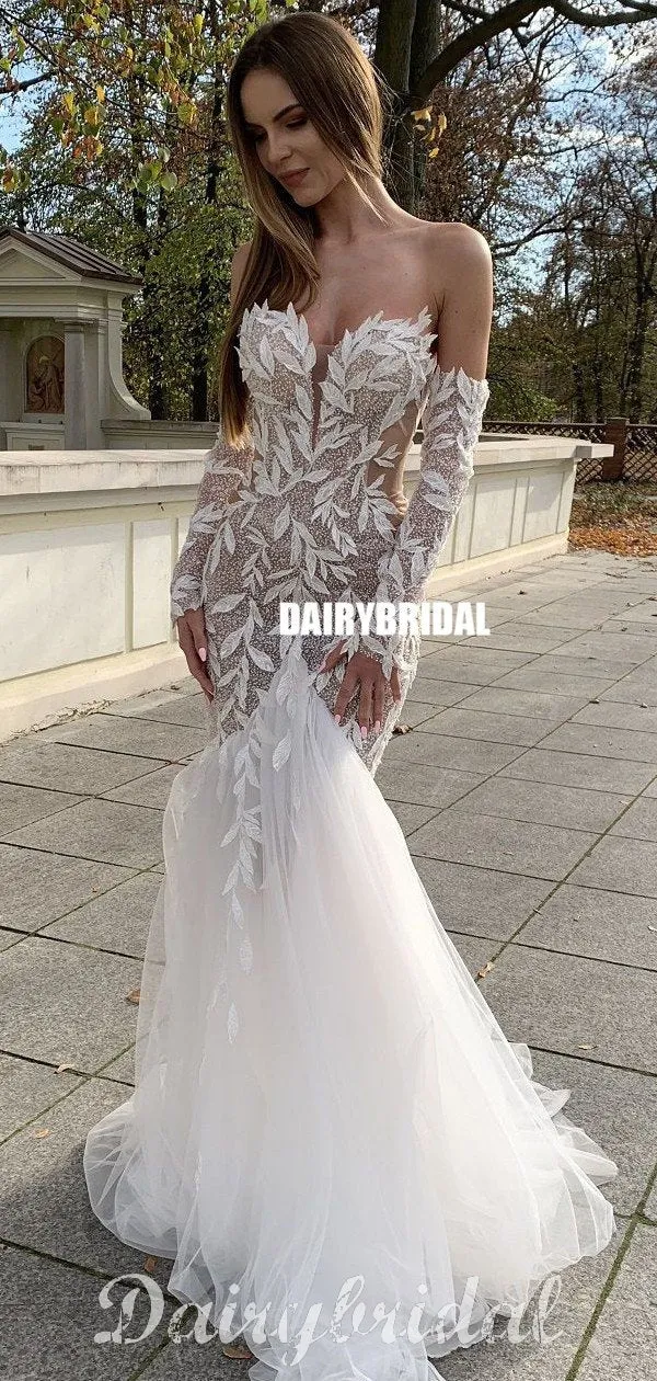Sweetheart Long Sleeves Mermaid Lace Backless Tulle Sexy Wedding Dresses, FC4818