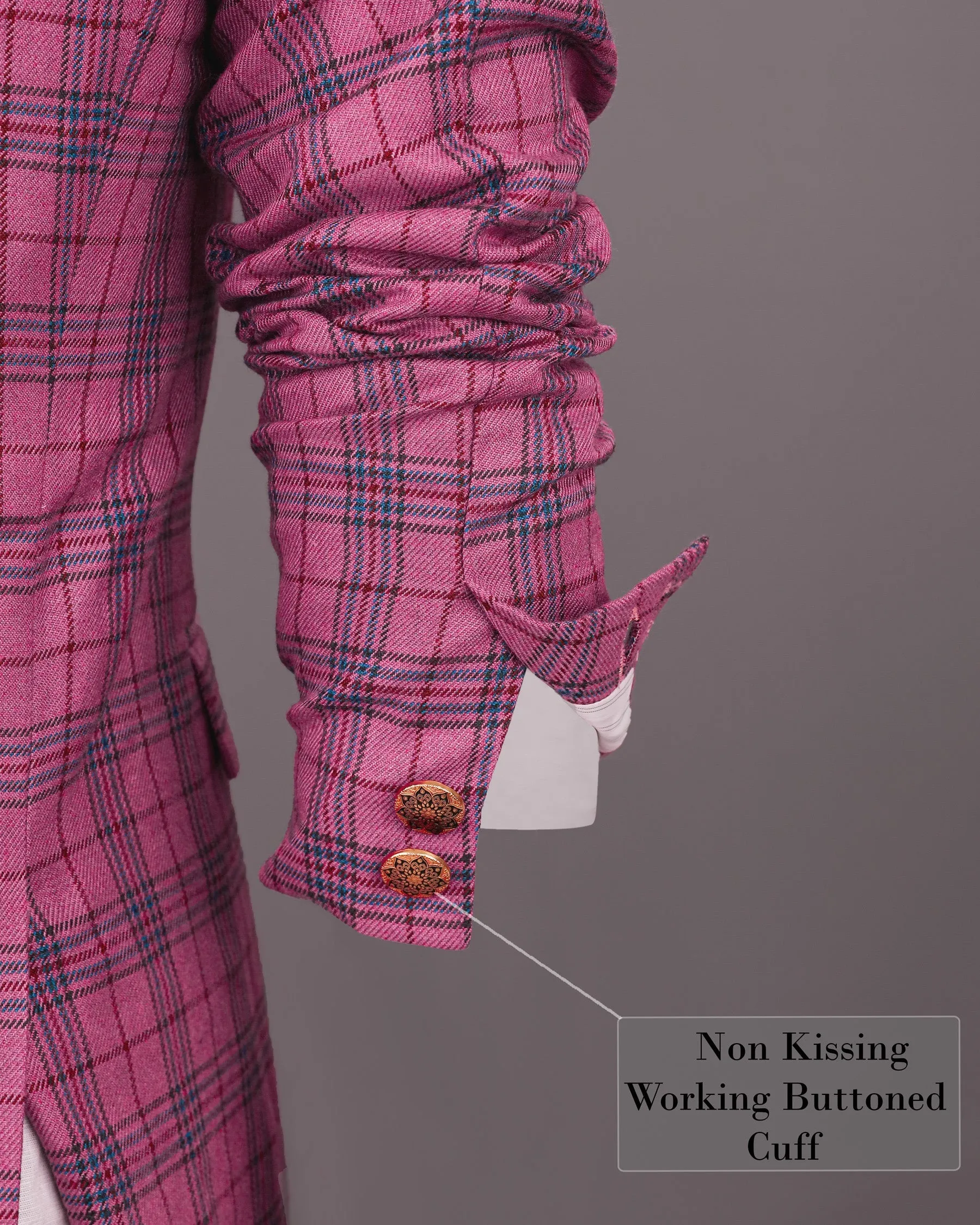 Tapestry Pink Checked Cross Buttoned Wool Rich Blazer