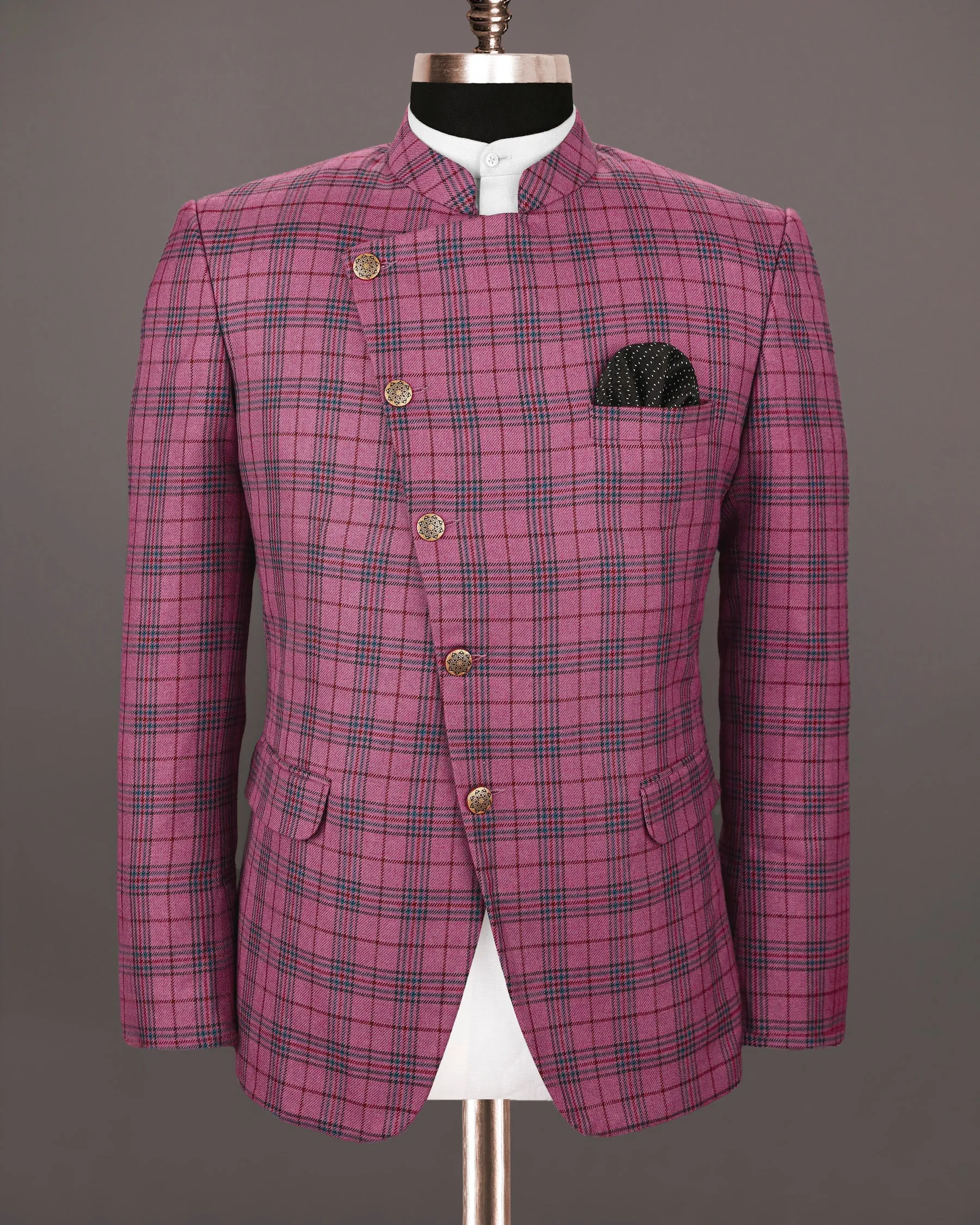 Tapestry Pink Checked Cross Buttoned Wool Rich Blazer