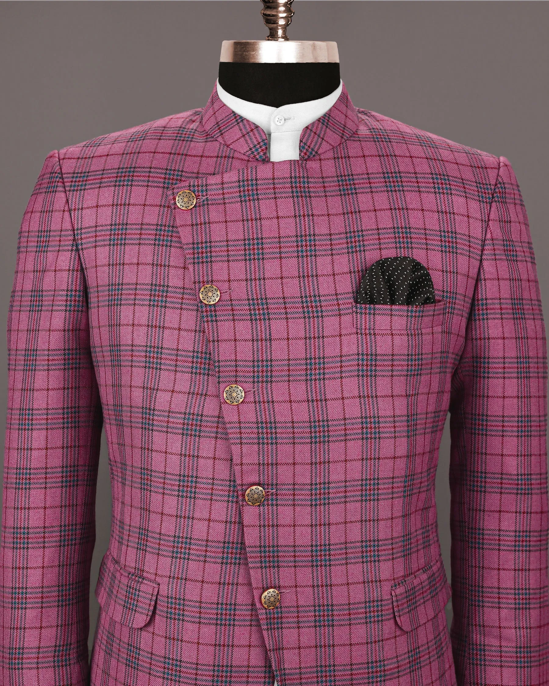 Tapestry Pink Checked Cross Buttoned Wool Rich Blazer