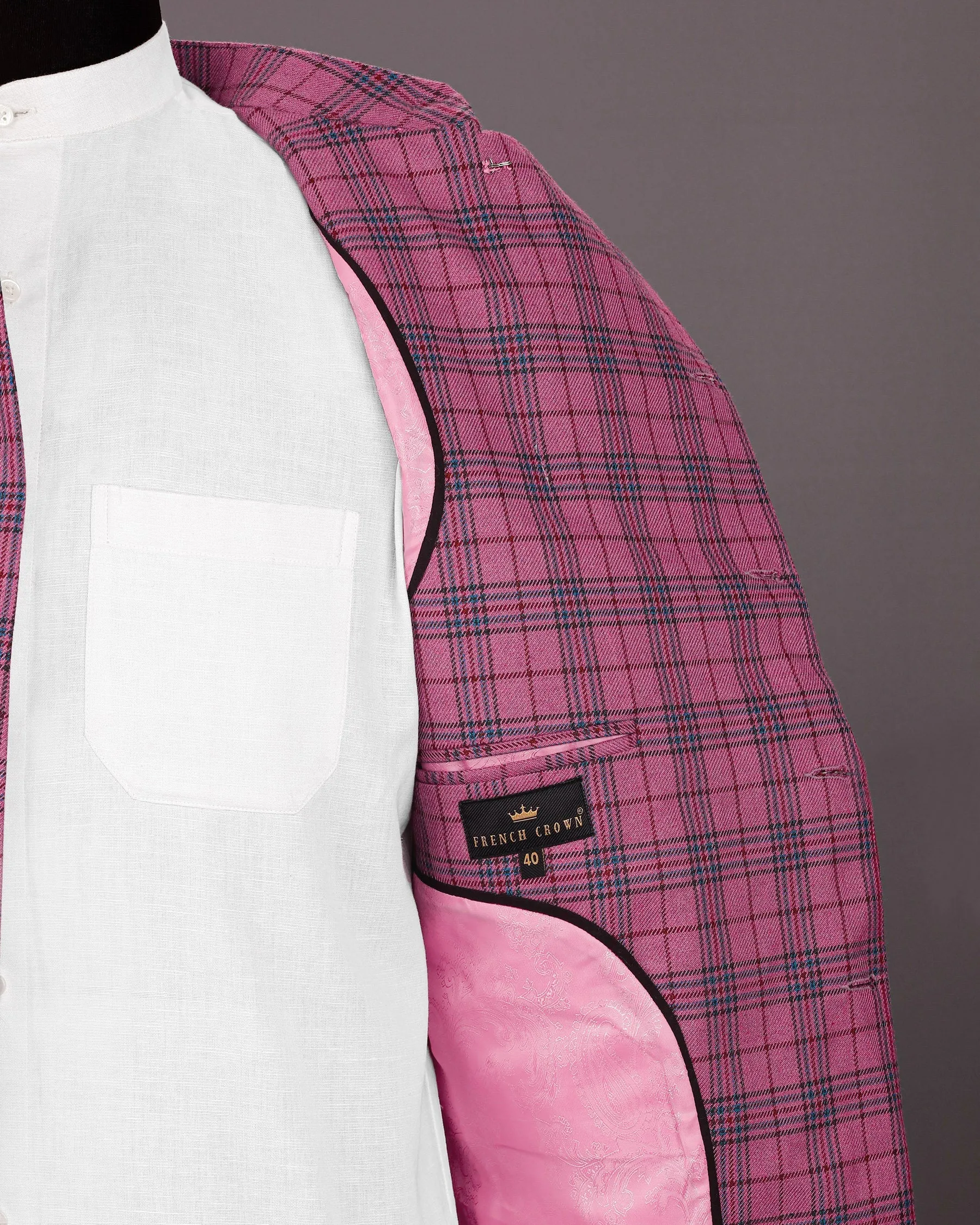 Tapestry Pink Checked Cross Buttoned Wool Rich Blazer