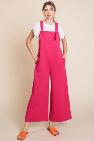 Textured Tie Sleeveless Overall W/Square Neck Side Pockets Wide Crop Legs