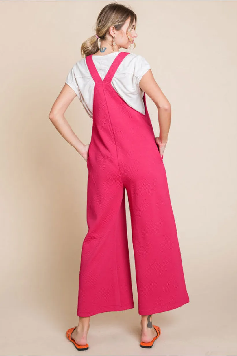 Textured Tie Sleeveless Overall W/Square Neck Side Pockets Wide Crop Legs