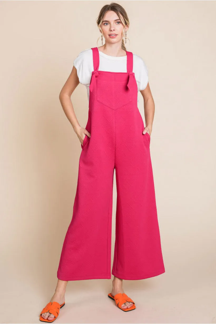 Textured Tie Sleeveless Overall W/Square Neck Side Pockets Wide Crop Legs