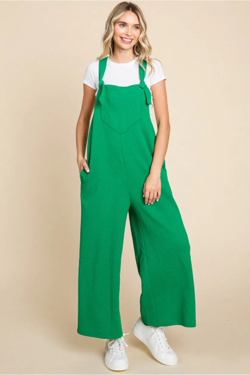 Textured Tie Sleeveless Overall W/Square Neck Side Pockets Wide Crop Legs