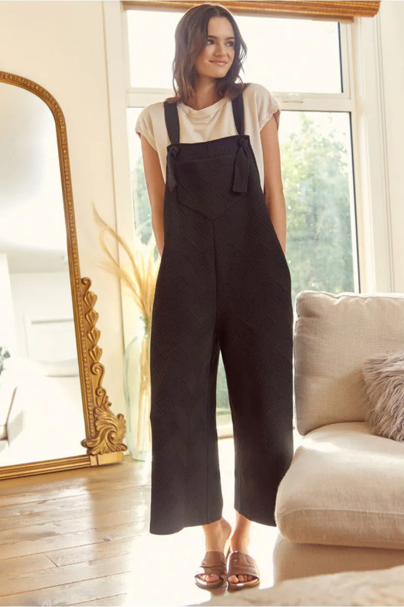 Textured Tie Sleeveless Overall W/Square Neck Side Pockets Wide Crop Legs