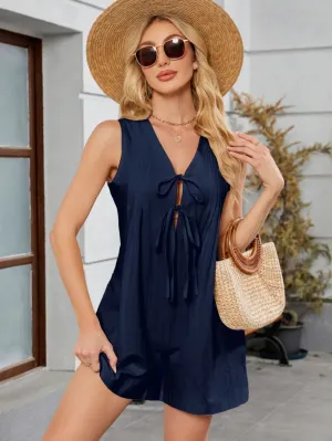 Tie Front Sleeveless Romper with Pockets
