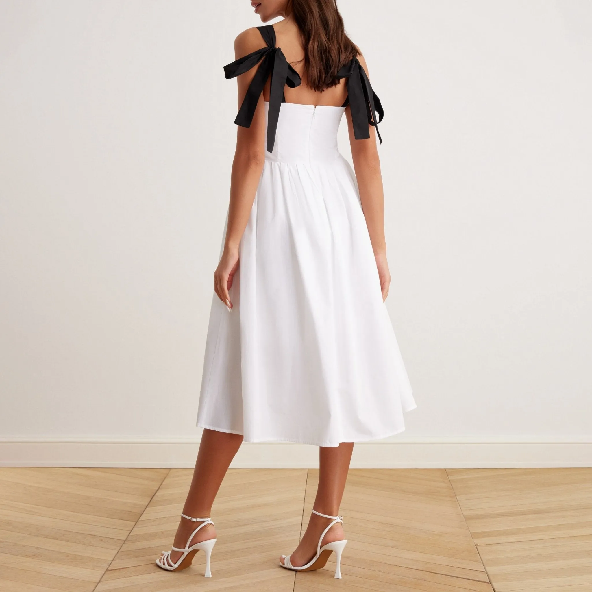Tie Shoulder Backless Cami Midi Dress in Cotton