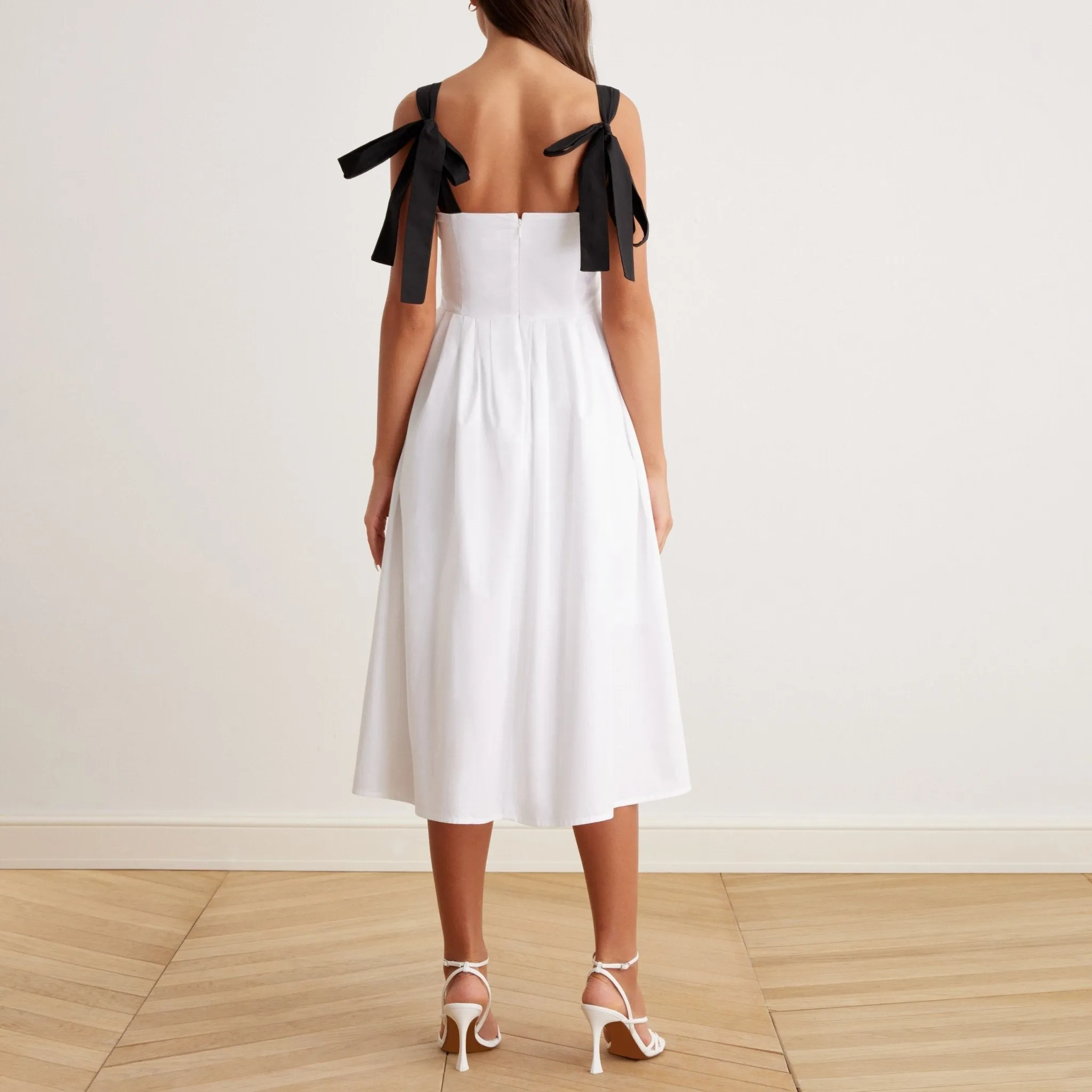 Tie Shoulder Backless Cami Midi Dress in Cotton