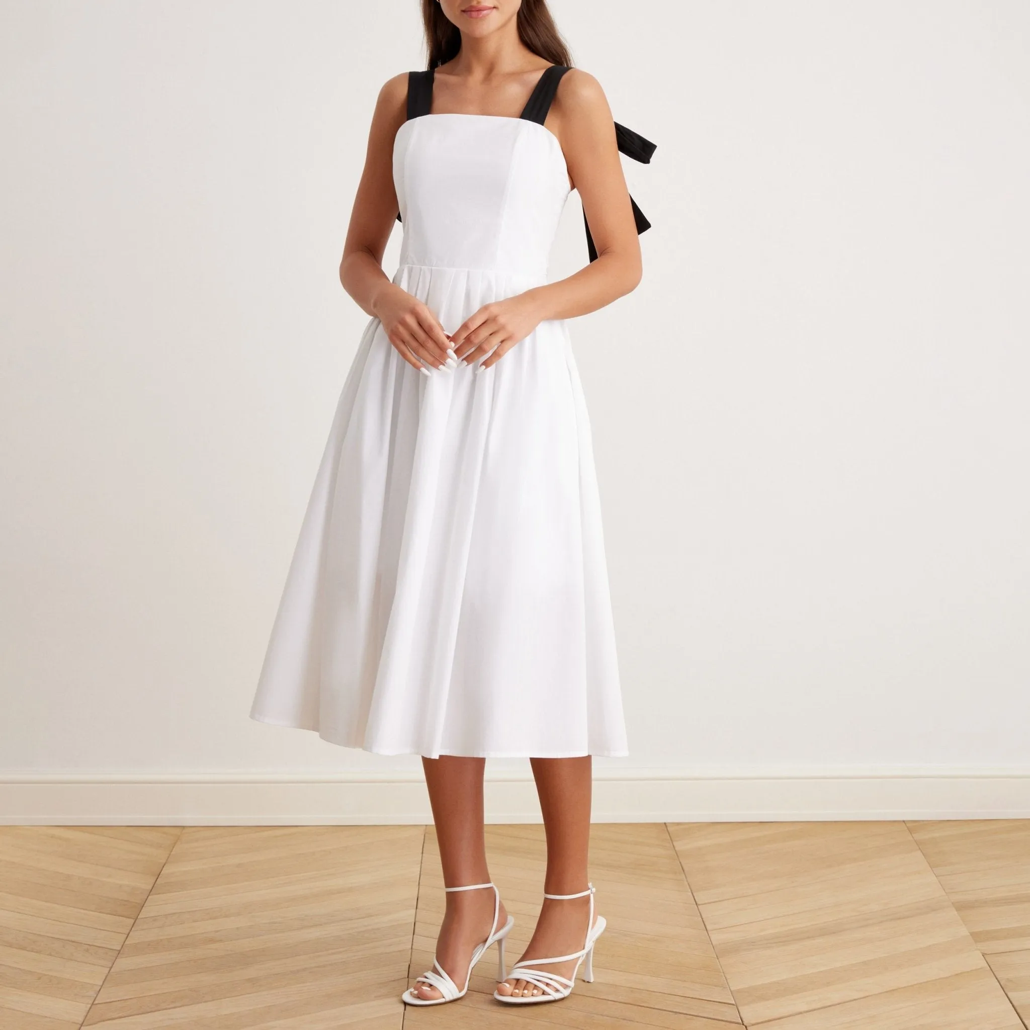 Tie Shoulder Backless Cami Midi Dress in Cotton