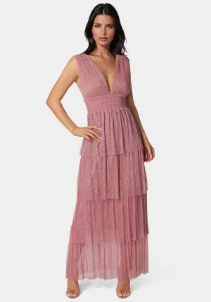 Tiered Plunge Neck Lurex Midi Dress