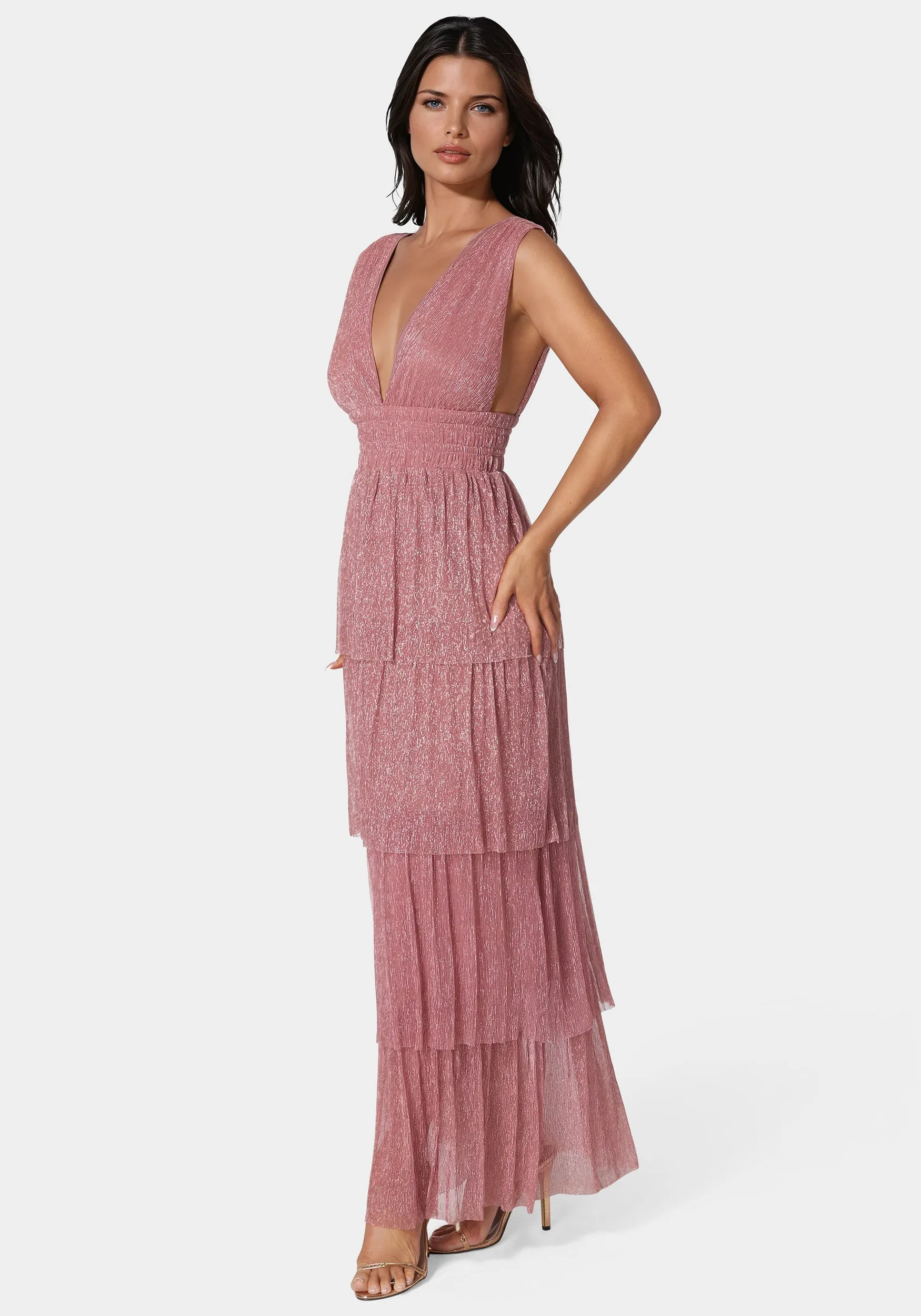 Tiered Plunge Neck Lurex Midi Dress