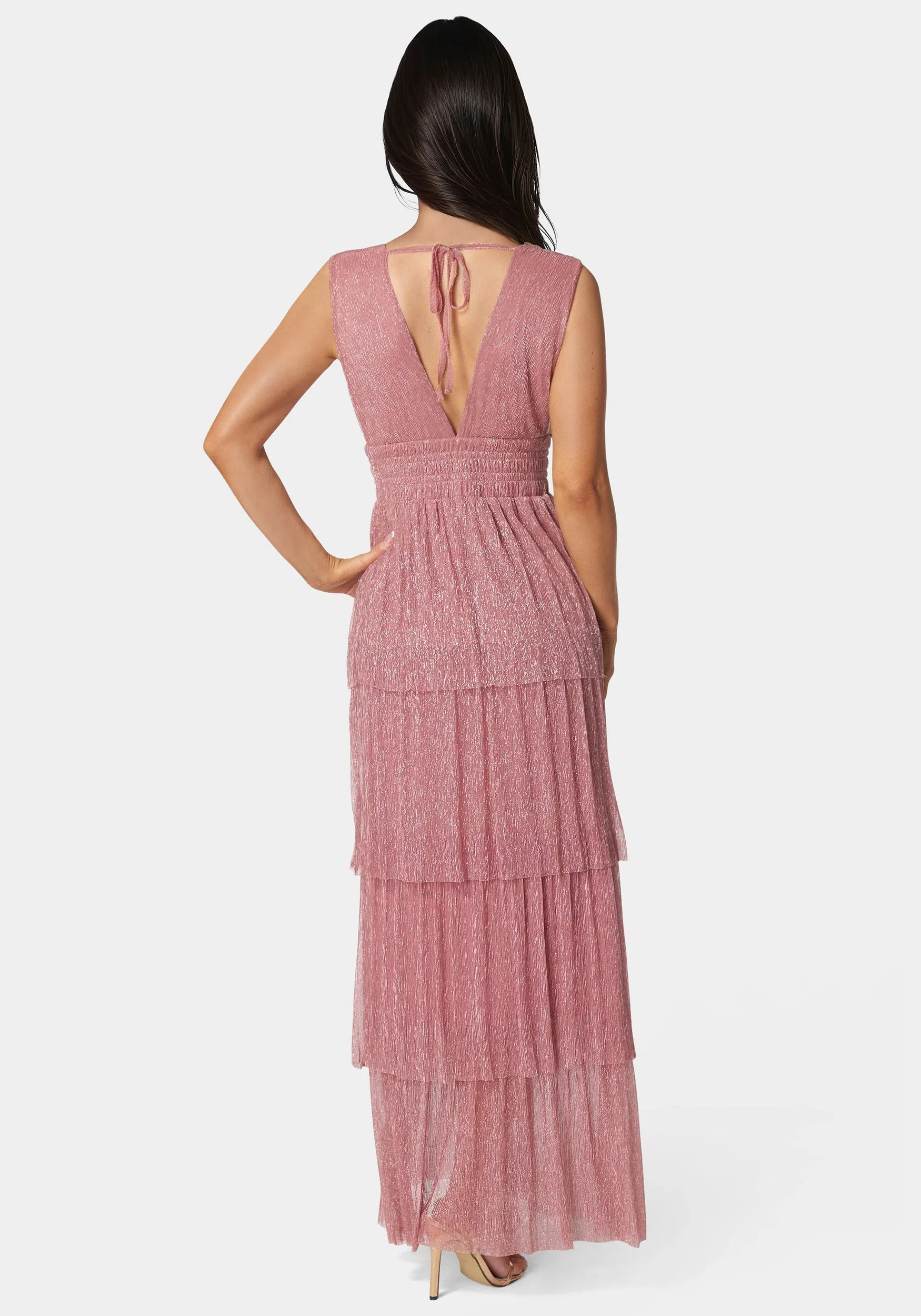 Tiered Plunge Neck Lurex Midi Dress