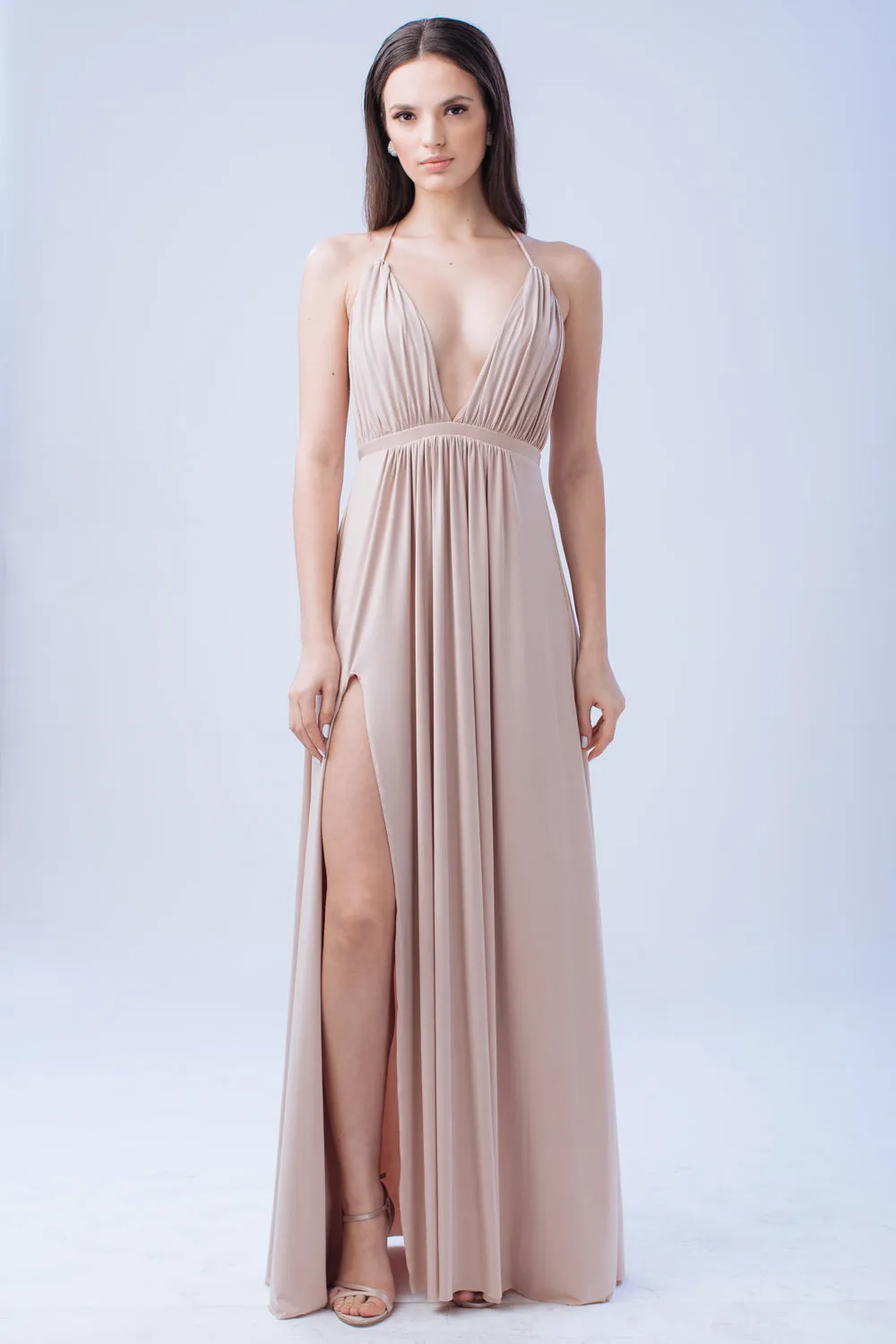 TO BE ADORED Plunge Front Crossed Back Maxi Dress with High Slit (Nude)