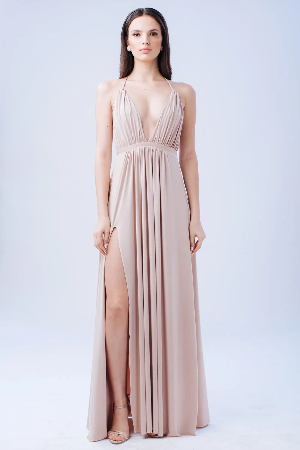 TO BE ADORED Plunge Front Crossed Back Maxi Dress with High Slit (Nude)