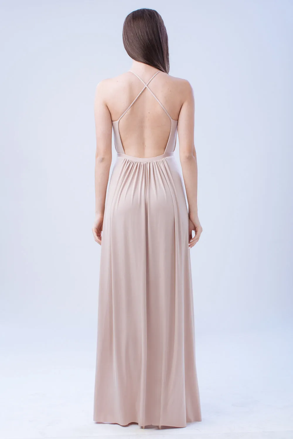 TO BE ADORED Plunge Front Crossed Back Maxi Dress with High Slit (Nude)