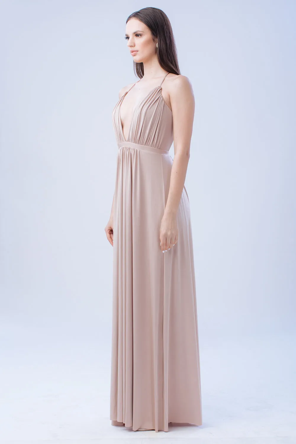 TO BE ADORED Plunge Front Crossed Back Maxi Dress with High Slit (Nude)